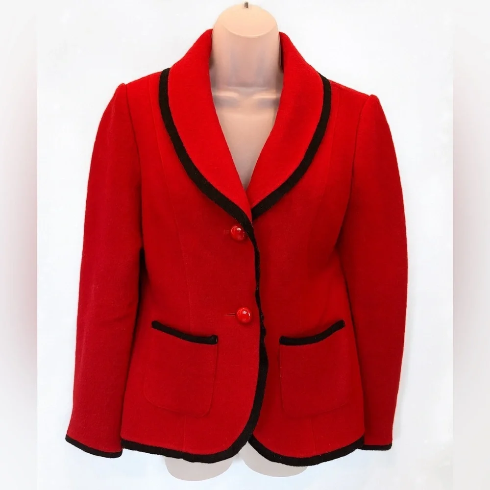 Grace Elements 100% Wool Red Blazer with Black Trim - Size 10